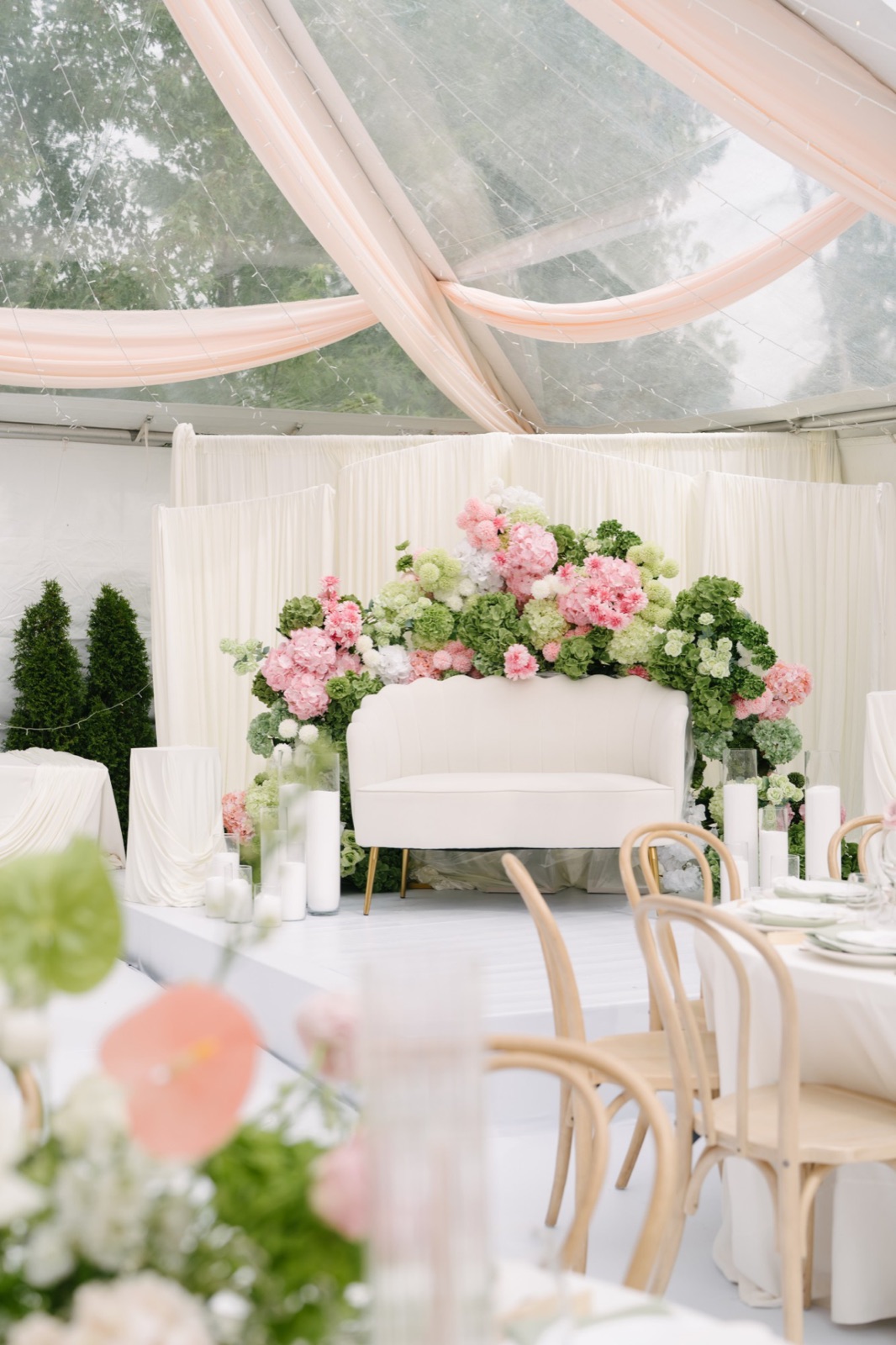 Blush draped clear tent with a white loveseat framed by pink and green hydrangeas